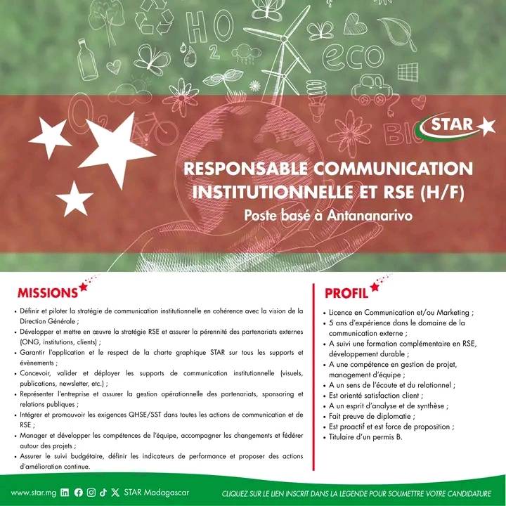 Recrutement d'un Responsable Communication Institutionnelle et RSE (H/F)